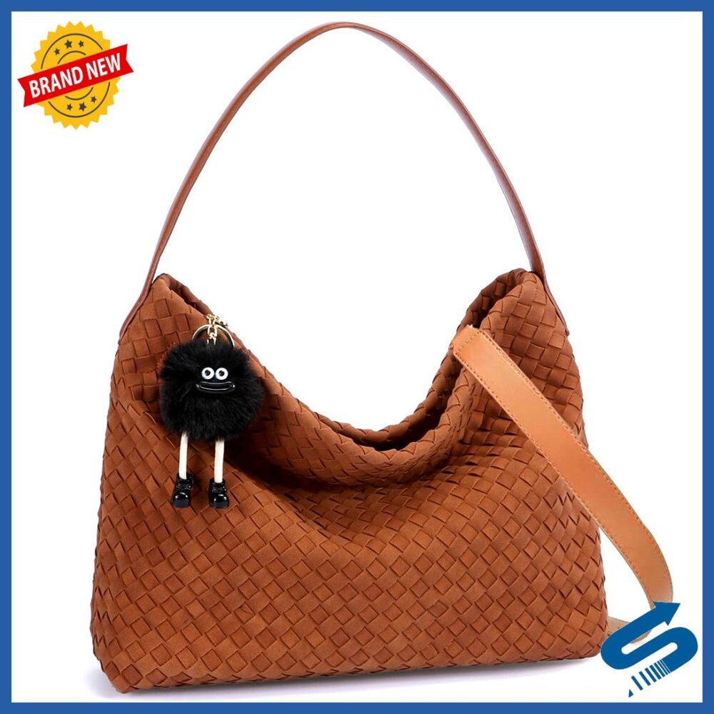 Woven Suede Hobo Bag Elegant Slouchy Shoulder Crossbody Tote Handbag